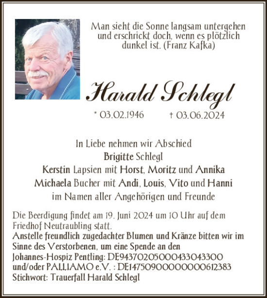 Traueranzeige von Harald Schlegl von Mittelbayerische Zeitung Regensburg