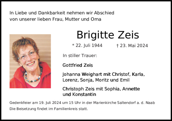Traueranzeige von Brigitte Zeis von Mittelbayerische Zeitung Schwandorf