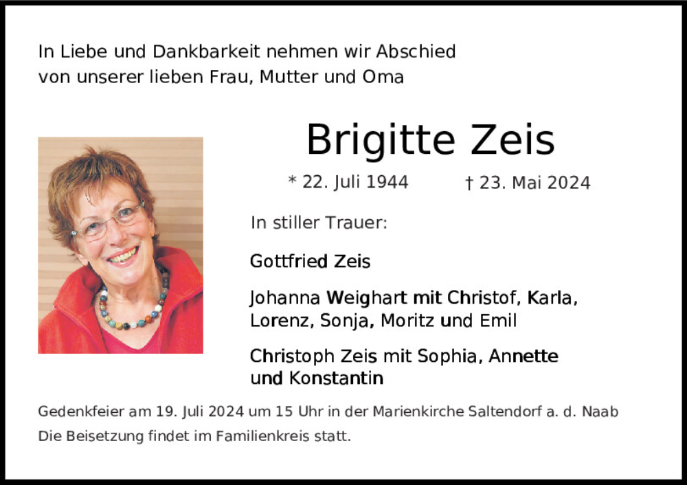  Traueranzeige für Brigitte Zeis vom 08.06.2024 aus Mittelbayerische Zeitung Schwandorf