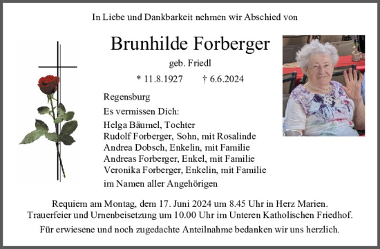 Traueranzeige von Brunhilde Forberger von Mittelbayerische Zeitung Regensburg