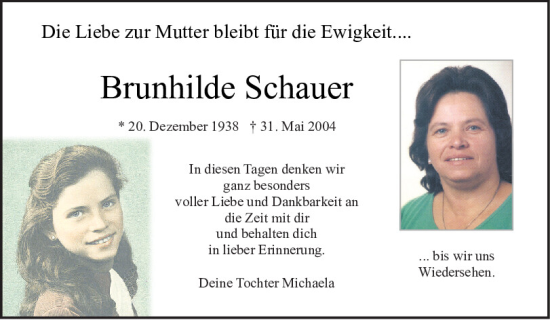 Traueranzeige von Brunhilde Schauer von Neumarkter Tagblatt