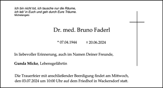 Traueranzeige von Bruno Faderl von Mittelbayerische Zeitung Schwandorf