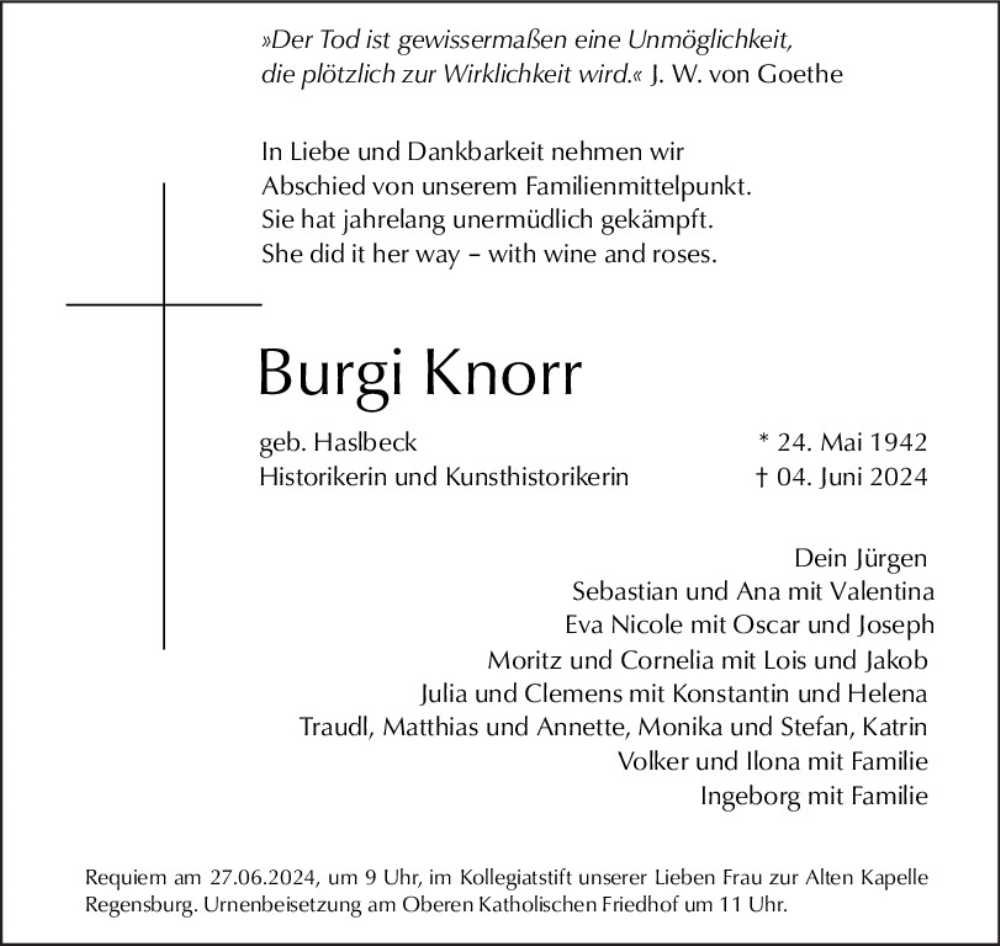  Traueranzeige für Burgi Knorr vom 15.06.2024 aus Mittelbayerische Zeitung Regensburg