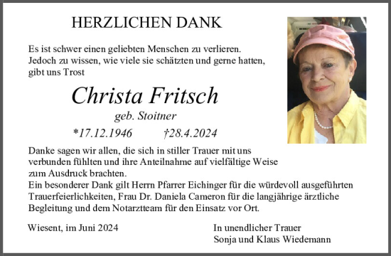 Traueranzeige von Christa Fritsch von Mittelbayerische Zeitung Regensburg