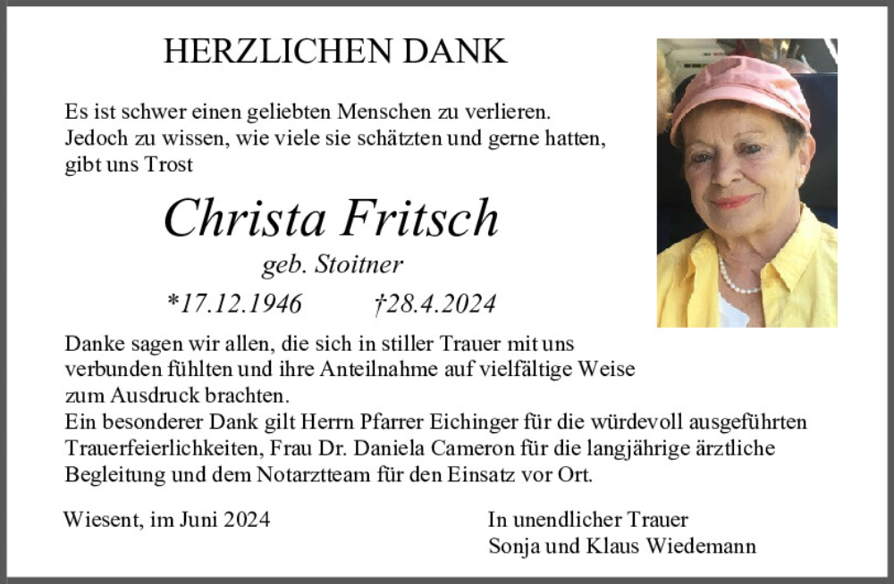  Traueranzeige für Christa Fritsch vom 15.06.2024 aus Mittelbayerische Zeitung Regensburg