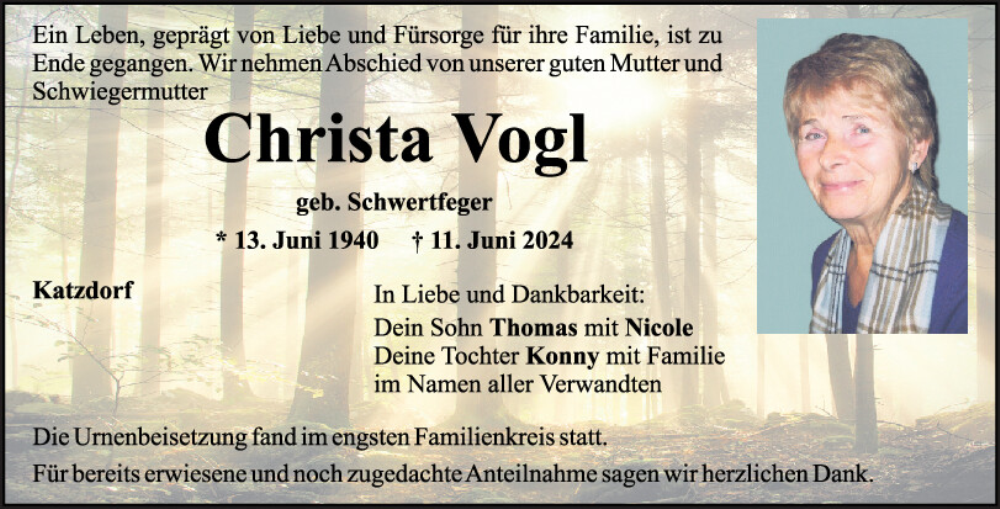  Traueranzeige für Christa Vogl vom 22.06.2024 aus Mittelbayerische Zeitung Schwandorf