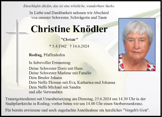 Traueranzeige von Christine Knödler von Bayerwald Echo