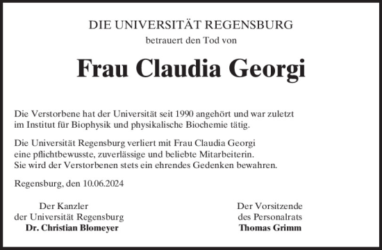 Traueranzeige von Claudia Georgi von Mittelbayerische Zeitung Gesamtausgabe