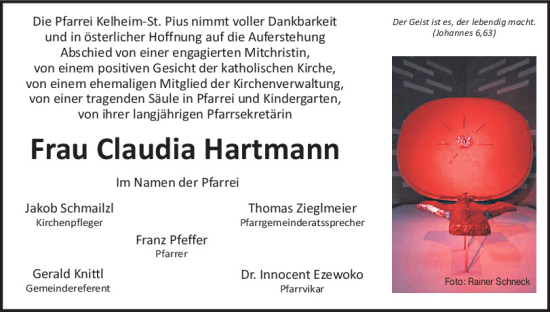 Traueranzeige von Claudia Hartmann von Mittelbayerische Zeitung Kelheim
