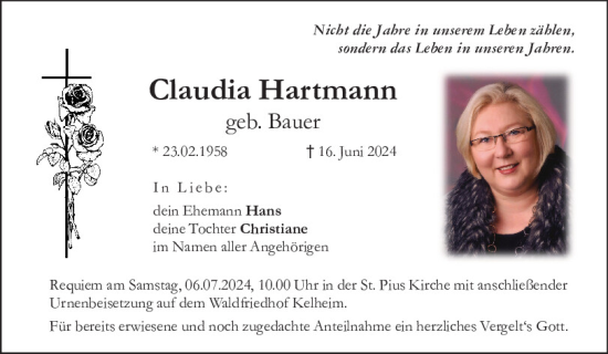 Traueranzeige von Claudia Hartmann von Mittelbayerische Zeitung Kelheim