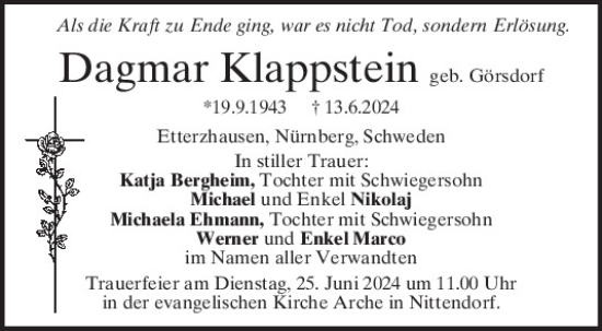 Traueranzeige von Dagmar Klappstein von Mittelbayerische Zeitung Regensburg