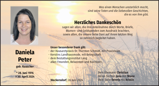 Traueranzeige von Daniela Peter von Mittelbayerische Zeitung Schwandorf