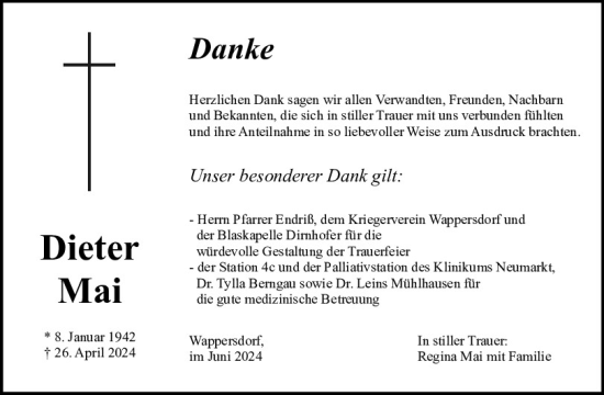 Traueranzeige von Dieter Mai von Neumarkter Tagblatt