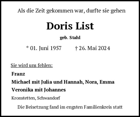 Traueranzeige von Doris List von Mittelbayerische Zeitung Schwandorf