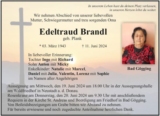 Traueranzeige von Edeltraud Brandl von Mittelbayerische Zeitung Kelheim
