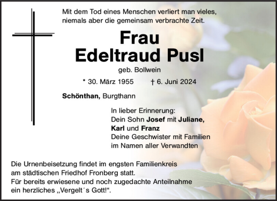Traueranzeige von Edeltraud Pusl von Mittelbayerische Zeitung Schwandorf
