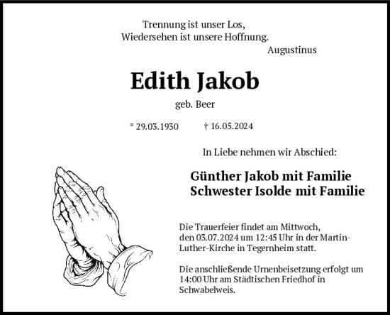 Traueranzeige von Edith Jakob von Mittelbayerische Zeitung Regensburg