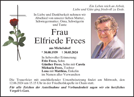Traueranzeige von Elfriede Frees von Bayerwald Echo