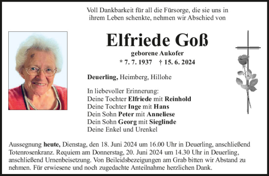Traueranzeige von Elfriede Goß von Mittelbayerische Zeitung Regensburg