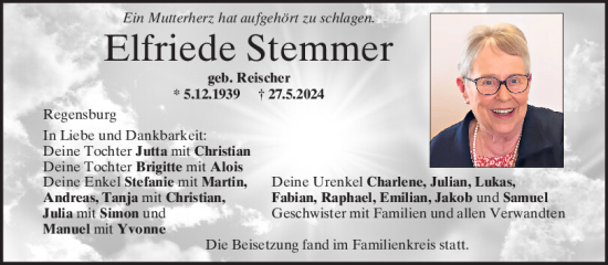 Traueranzeige von Elfriede Stemmer von Mittelbayerische Zeitung Regensburg