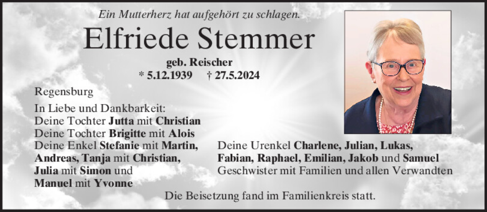  Traueranzeige für Elfriede Stemmer vom 08.06.2024 aus Mittelbayerische Zeitung Regensburg