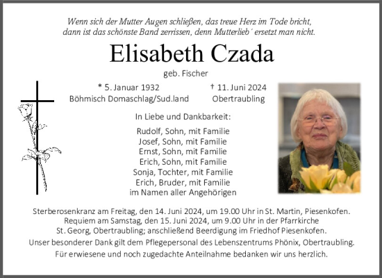 Traueranzeige von Elisabeth Czada von Mittelbayerische Zeitung Regensburg