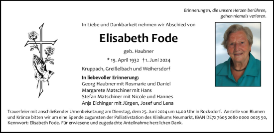 Traueranzeige von Elisabeth Fode von Neumarkter Tagblatt