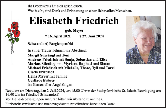 Traueranzeige von Elisabeth Friedrich von Mittelbayerische Zeitung Schwandorf