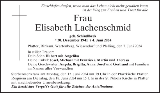 Traueranzeige von Elisabeth Lachenschmid von Mittelbayerische Zeitung Regensburg