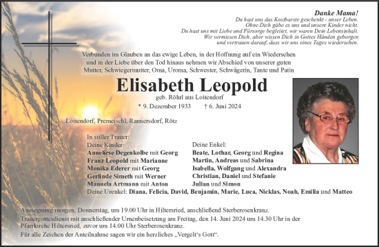 Traueranzeige von Elisabeth Leopold von Bayerwald Echo