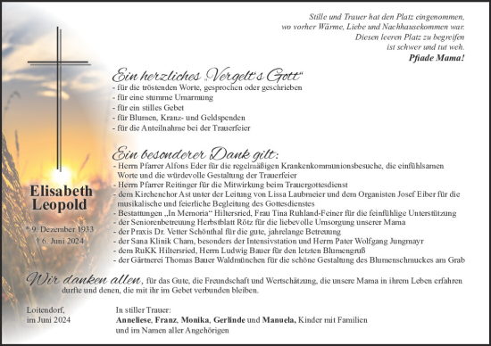 Traueranzeige von Elisabeth Leopold von Bayerwald Echo