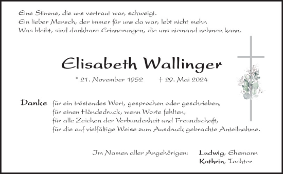 Traueranzeige von Elisabeth Wallinger von Bayerwald Echo