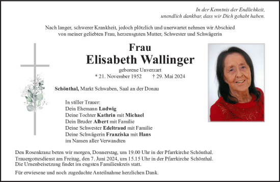 Traueranzeige von Elisabeth Wallinger von Bayerwald Echo