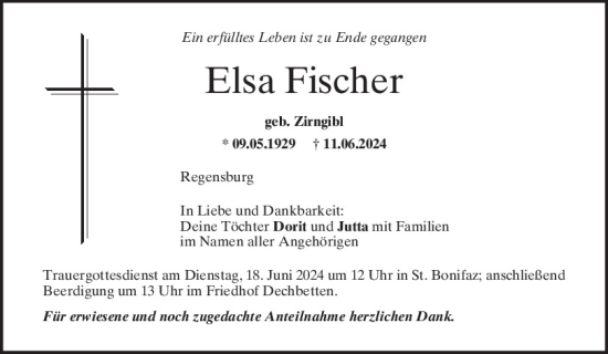 Traueranzeige von Elsa Fischer von Mittelbayerische Zeitung Regensburg