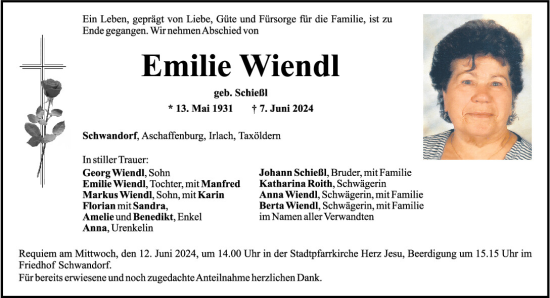 Traueranzeige von Emilie Wiendl von Mittelbayerische Zeitung Schwandorf