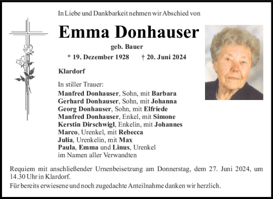 Traueranzeige von Emma Donhauser von Mittelbayerische Zeitung Schwandorf