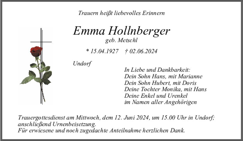  Traueranzeige für Emma Hollnberger vom 08.06.2024 aus Mittelbayerische Zeitung Regensburg