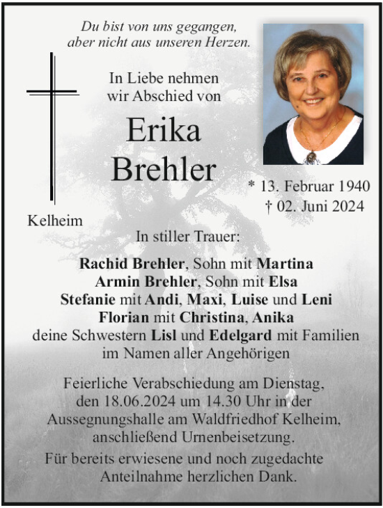 Traueranzeige von Erika Brehler von Mittelbayerische Zeitung Kelheim