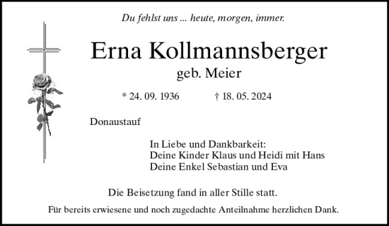 Traueranzeige von Erna Kollmannsberger von Mittelbayerische Zeitung Regensburg
