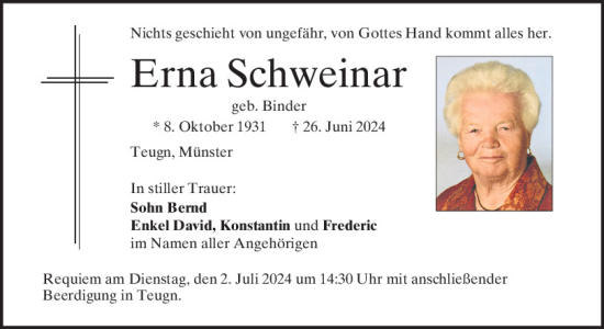 Traueranzeige von Erna Schweinar von Mittelbayerische Zeitung Kelheim