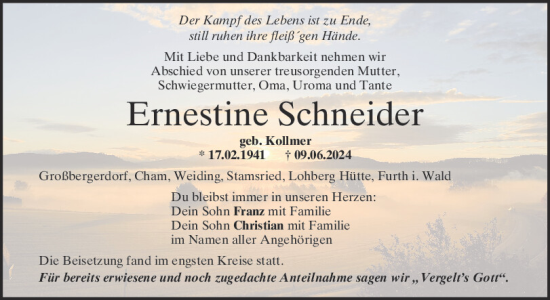 Traueranzeige von Ernestine Schneider von Bayerwald Echo