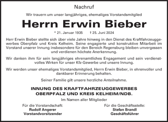 Traueranzeige von Erwin Bieber von Mittelbayerische Zeitung Regensburg