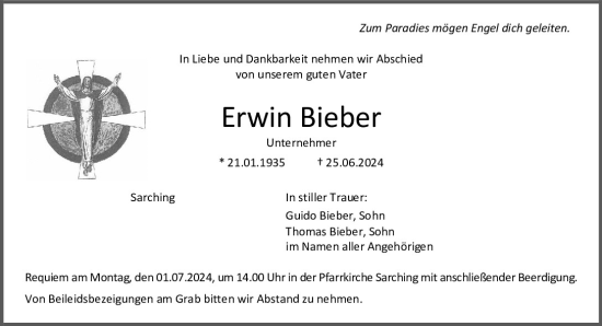 Traueranzeige von Erwin Bieber von Mittelbayerische Zeitung Regensburg