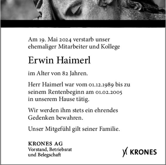 Traueranzeige von Erwin Haimerl von Mittelbayerische Zeitung Regensburg