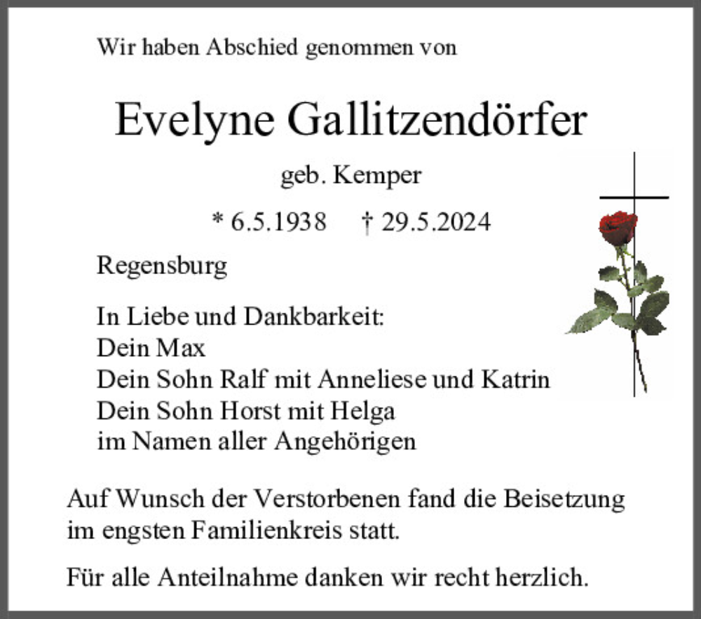  Traueranzeige für Evelyne Gallitzendörfer vom 15.06.2024 aus Mittelbayerische Zeitung Regensburg