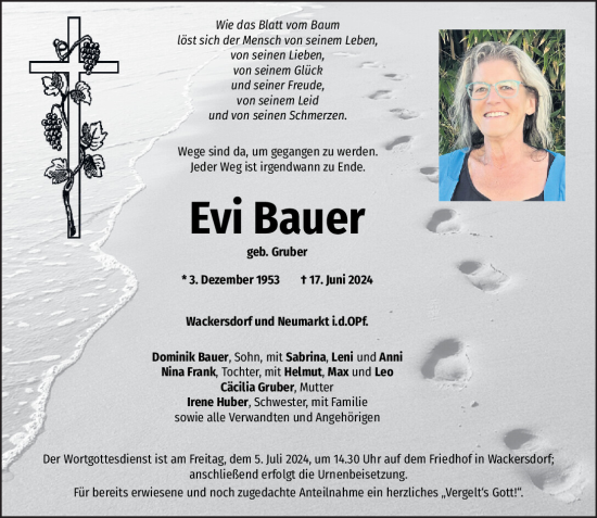 Traueranzeige von Evi Bauer von Mittelbayerische Zeitung Schwandorf