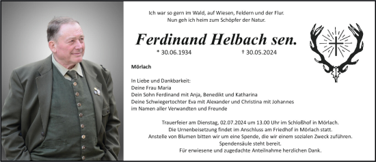 Traueranzeige von Ferdinand Helbach von Neumarkter Tagblatt
