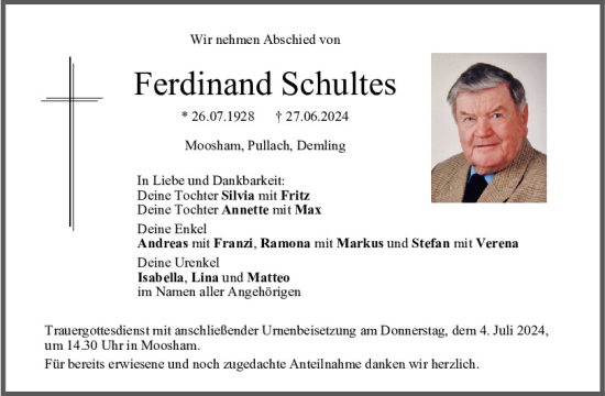 Traueranzeige von Ferdinand Schultes von Mittelbayerische Zeitung Regensburg