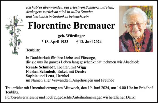 Traueranzeige von Florentine Bremauer von Mittelbayerische Zeitung Schwandorf