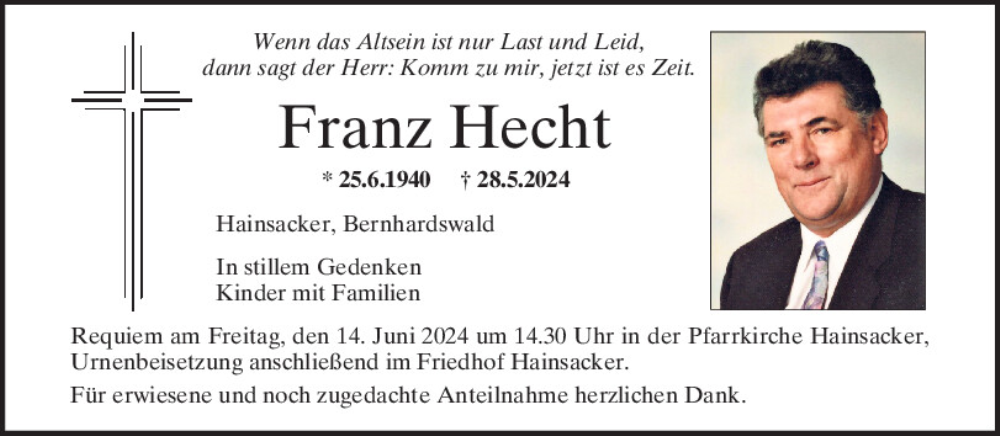  Traueranzeige für Franz Hecht vom 08.06.2024 aus Mittelbayerische Zeitung Regensburg